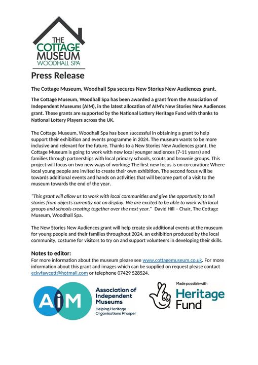 Grant awarded by Association of Independent Museums (AIM).